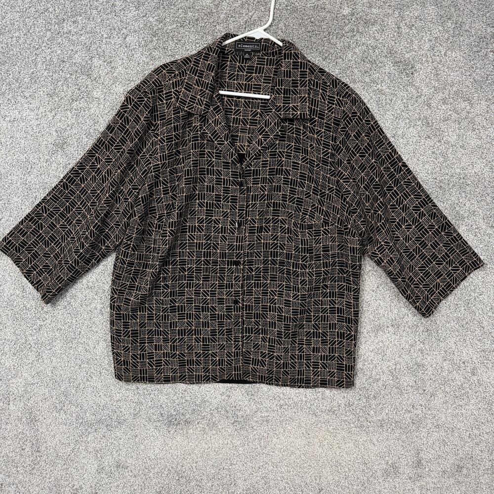Elementz Shirt Womens 2X Plus Black Gold Geometric Button Up Office Minimalist